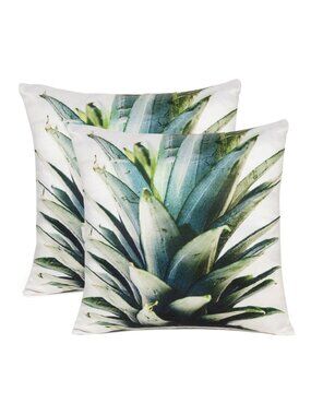 Oussum White Pineapple Leaves Printed Cushion Cover Cotton Pillow Case Set of 2